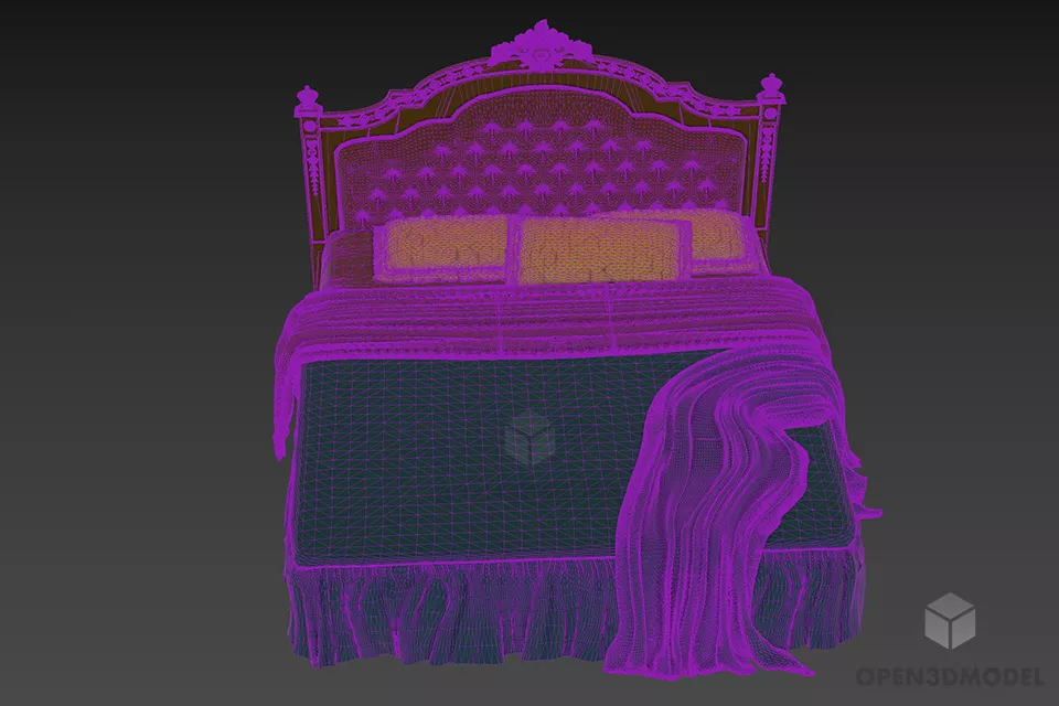 Antique Carved Back Bed With Mattress 3d model 3