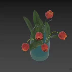 Tulip Flowers In Glass Vase Pot 3d model