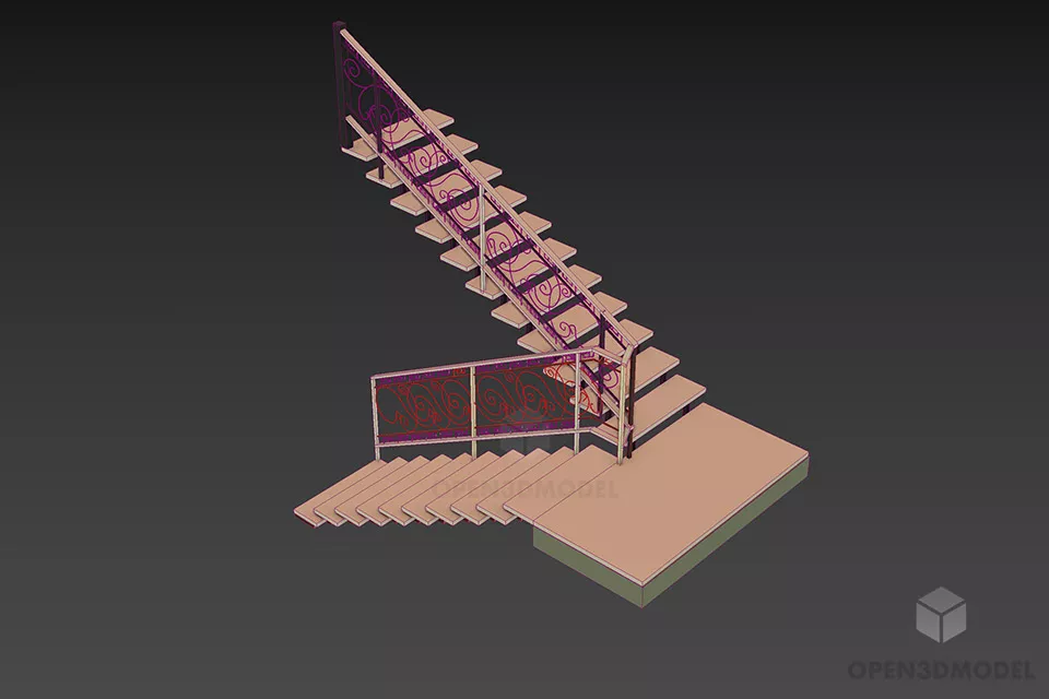 Staircase With Steel Floral Handrail 3d model 2