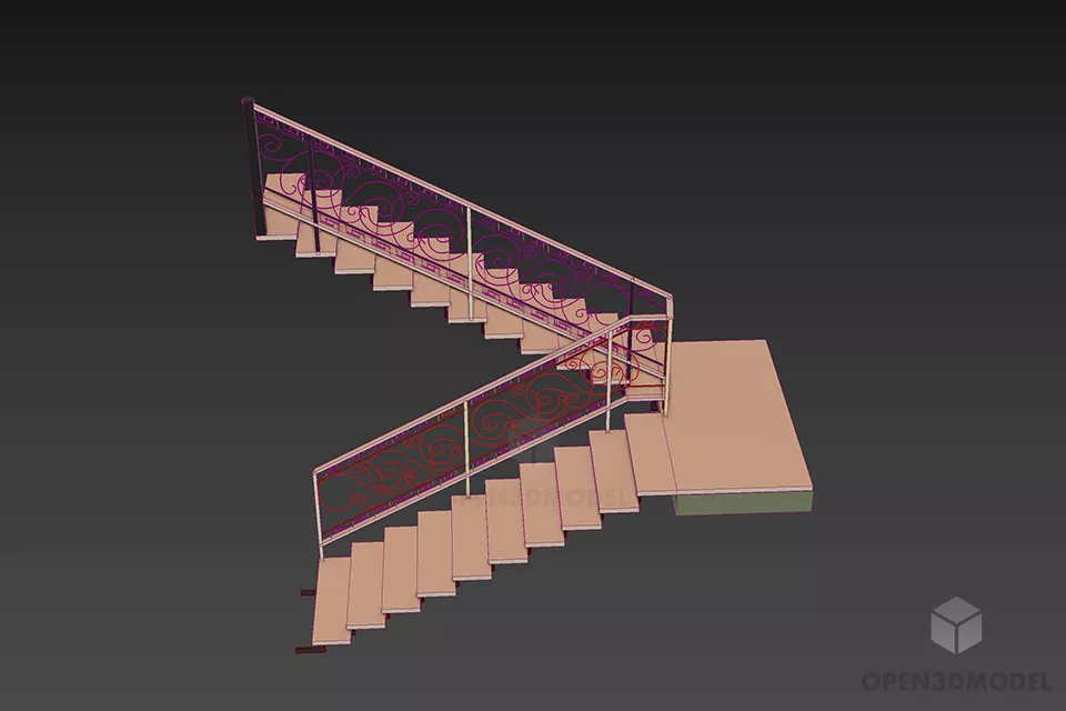 Staircase With Steel Floral Handrail 3d model 3