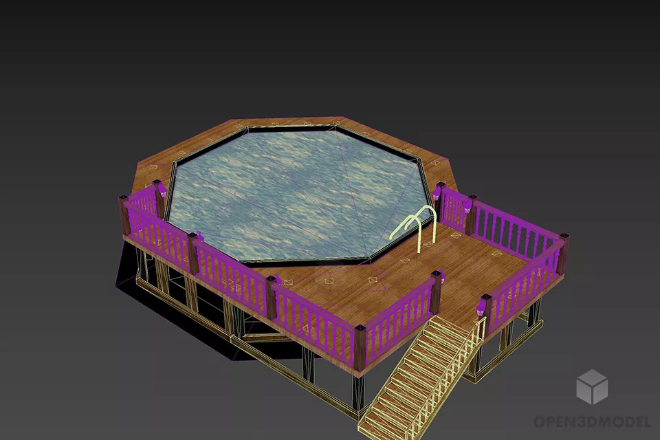 Round Hexagon Pool With Wooden Deck And Stair 3d model 2