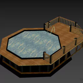 Round Hexagon Pool With Wooden Deck And Stair 3d model