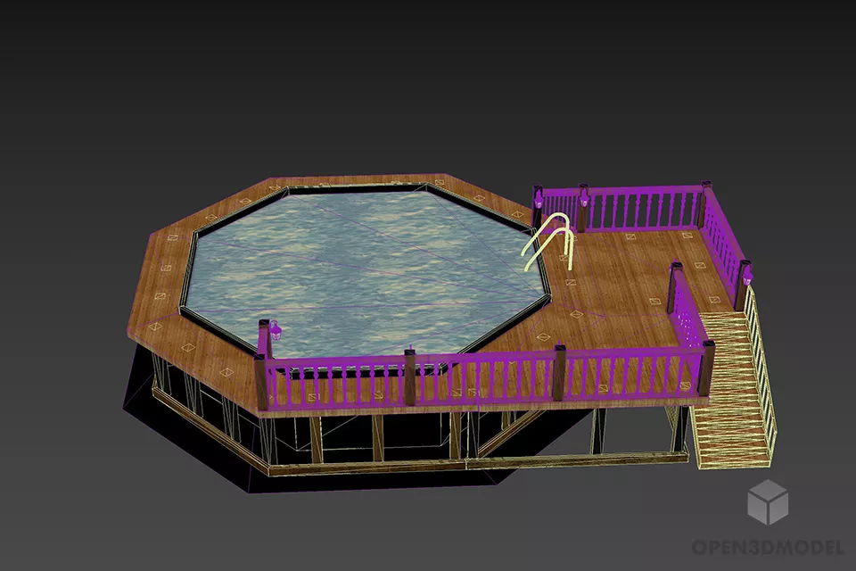 Round Hexagon Pool With Wooden Deck And Stair 3d model 3