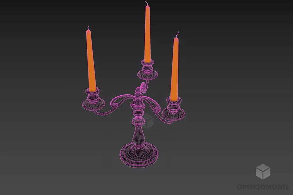 Brass Candlestick With Three Candles 3d model 2