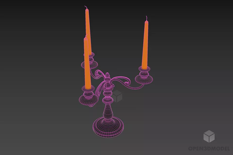 Brass Candlestick With Three Candles 3d model 3