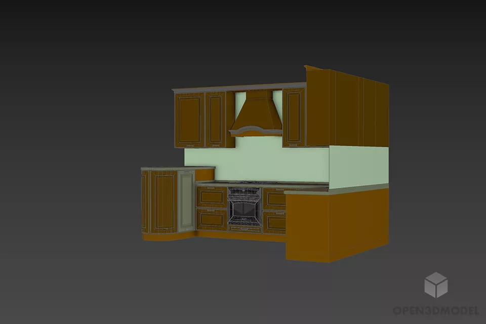 Kitchen Cabinet With Hood, Brown Wooden Material 3d model 3