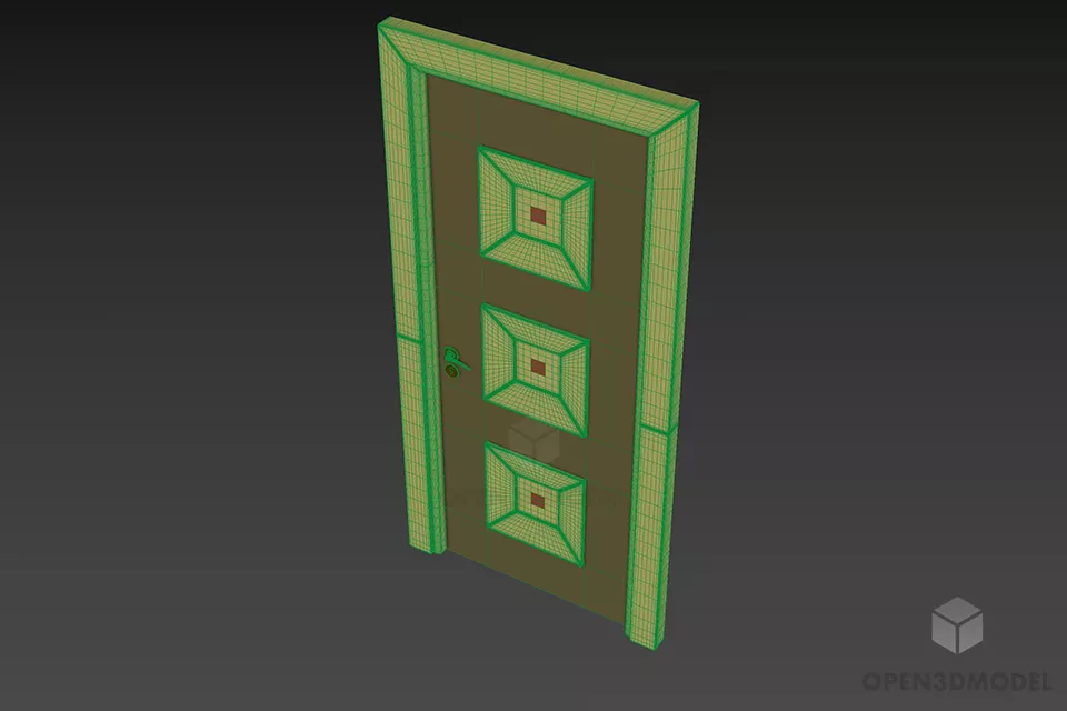 Wooden Door With Carved Square Pattern 3d model 3