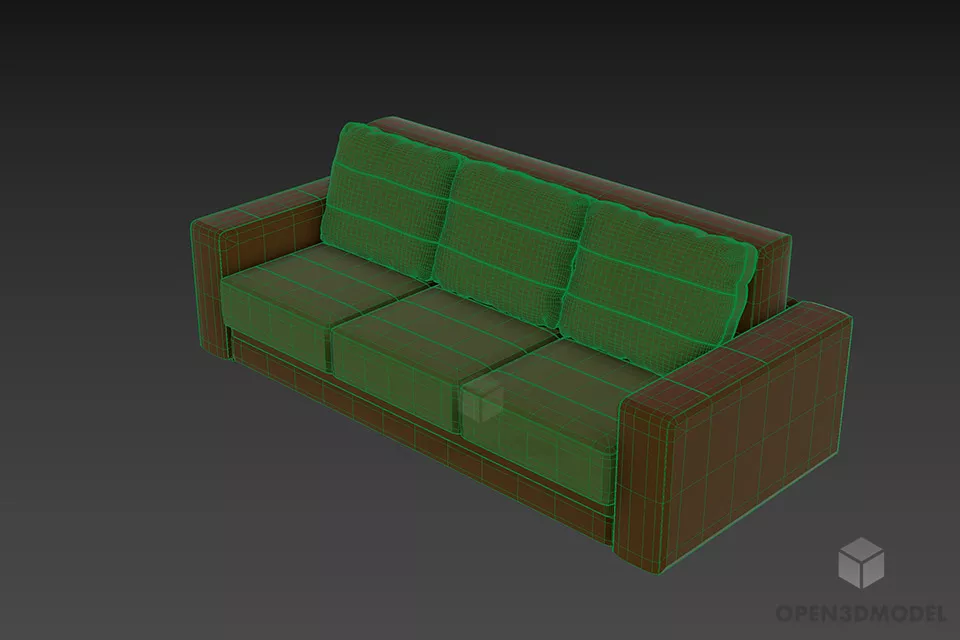 Three Seats Leather Sofa Brown Green Color 3d model 2