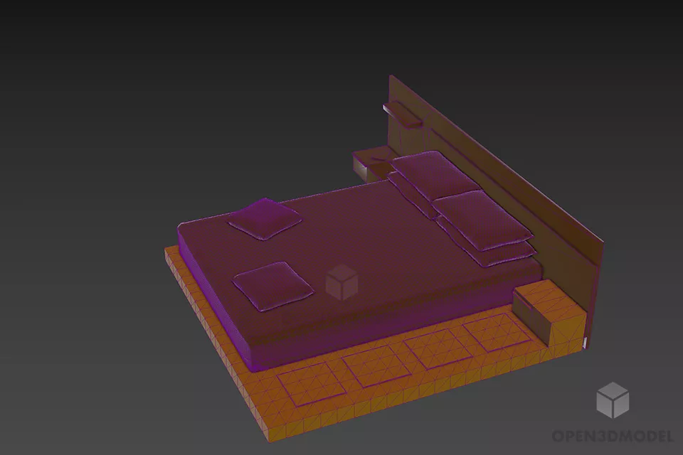 Double Bed On Wooden Floor 3d model 2