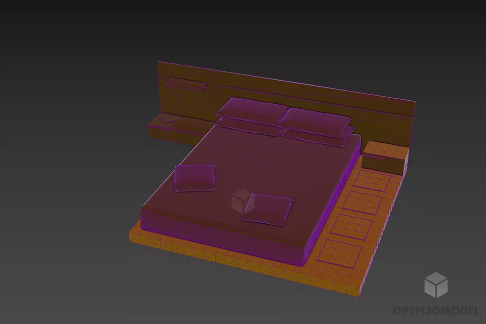 Double Bed On Wooden Floor 3d model 3