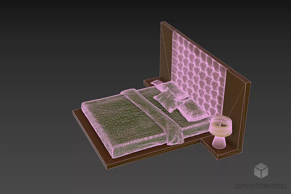 Hotel Double Bed With Tufted Upholstery Back 3d model 2