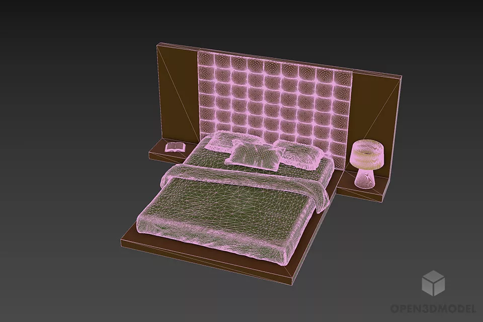 Hotel Double Bed With Tufted Upholstery Back 3d model 3