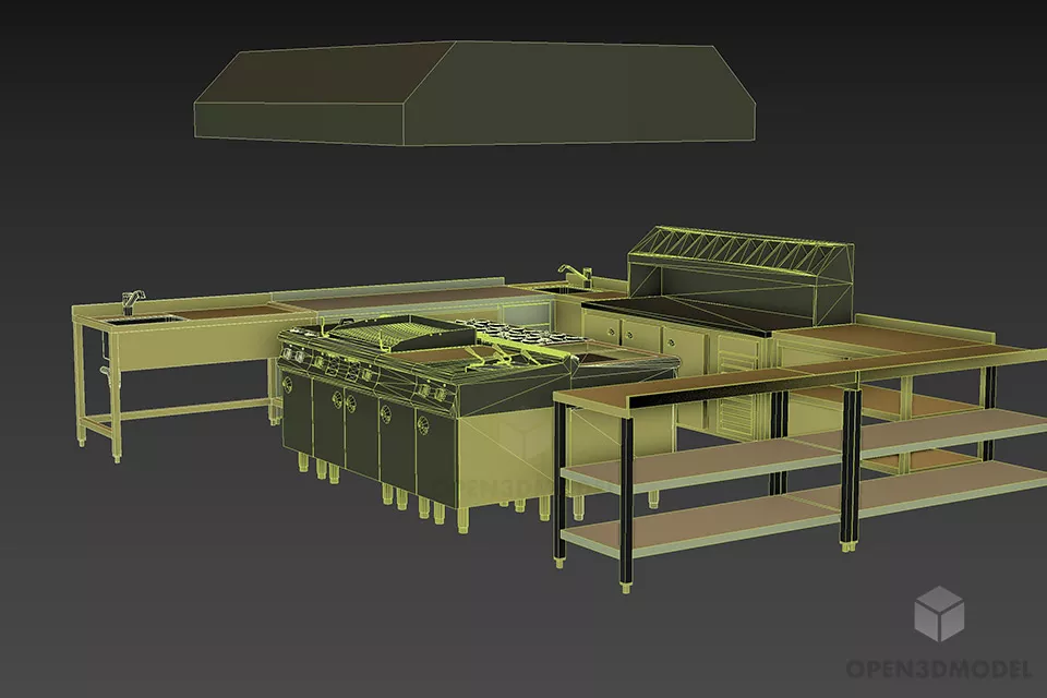 Restaurant Kitchen With Equipment, Stove, Grill, Hood 3d model 2