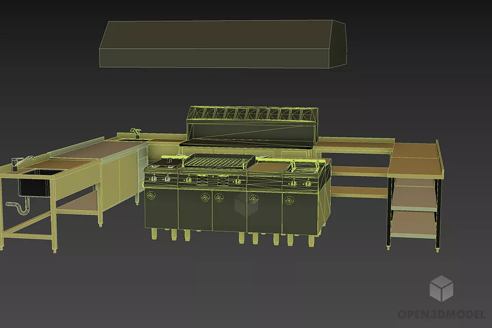 Restaurant Kitchen With Equipment, Stove, Grill, Hood 3d model 3