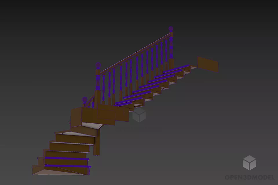 Hotel Staircase With Wooden Rail 3d model 2