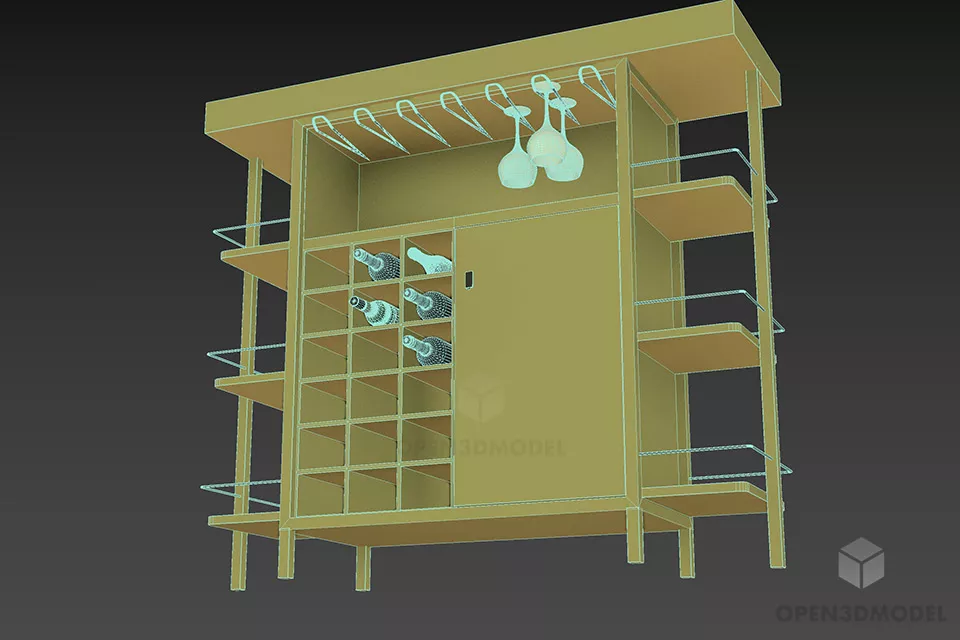 Wood Rack Bar With Steel Shelf 3d model 3