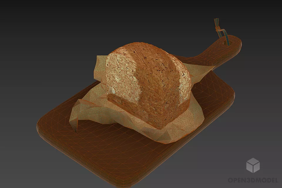 Bread On Wood Tray 3d model 2