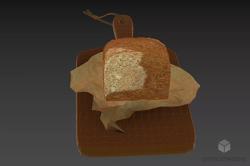 Bread On Wood Tray 3d model 3