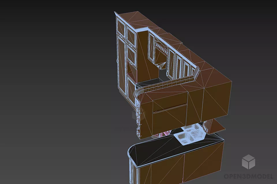 L Shape Kitchen Wooden Finished With Marble Top 3d model 2