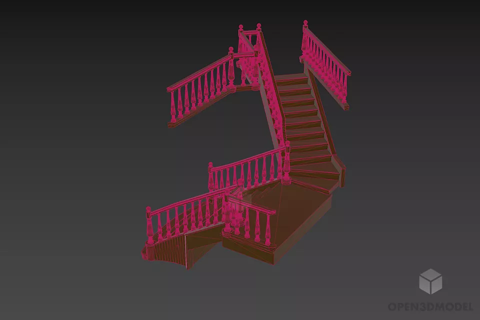 Wooden Stair With Wood Rails 3d model 2