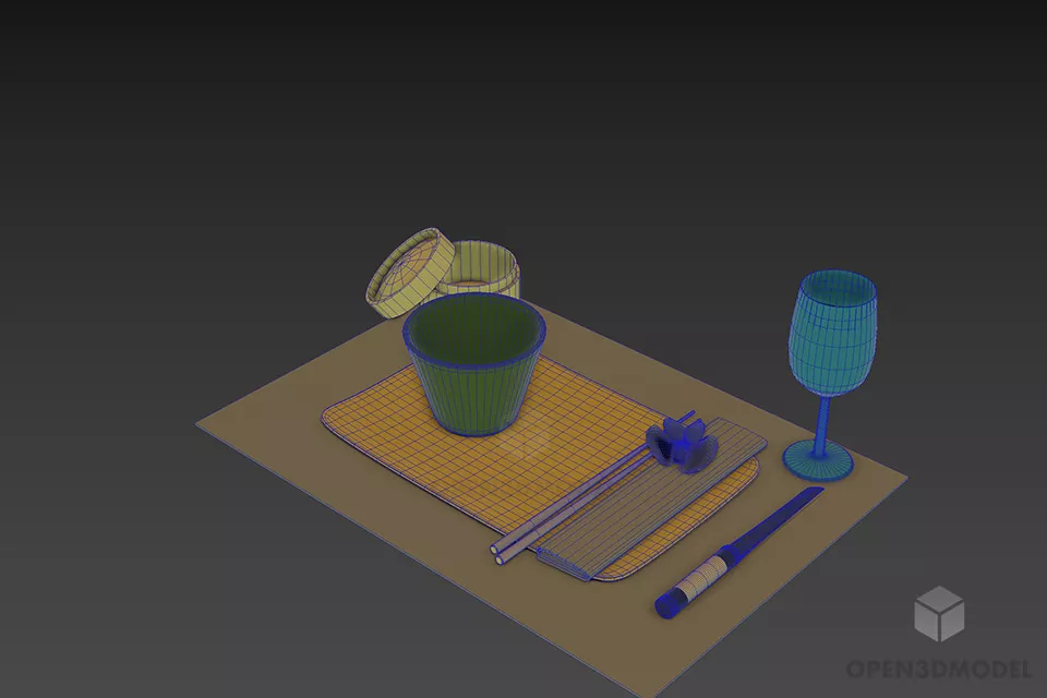Set Of Food On Tray With Wine Glass 3d model 2