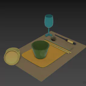 Set Of Food On Tray With Wine Glass 3d model