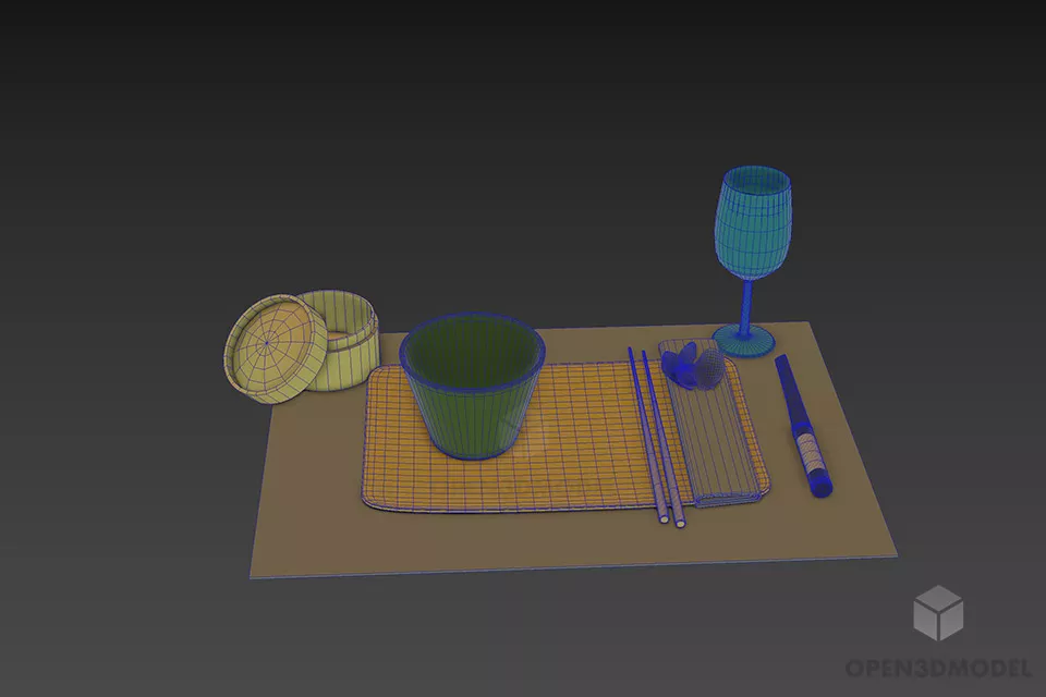 Set Of Food On Tray With Wine Glass 3d model 3