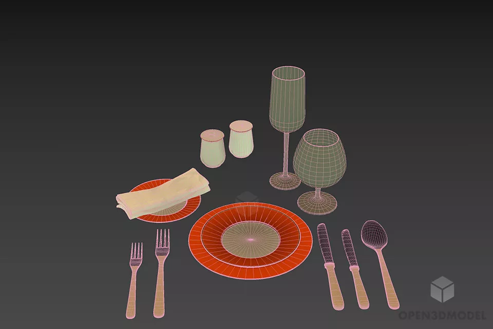 Tableware With Utensil And Wine Glass 3d model 3