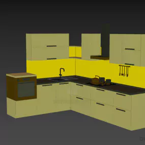 Kitchen Cabinet Ash Wooden With Hood And Stove 3d model