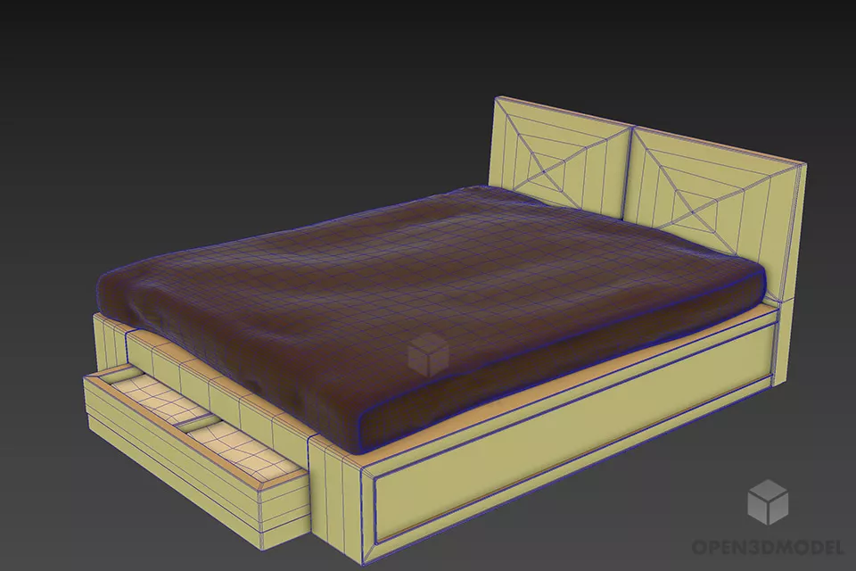 Wood Double Bed Mattress With Under Drawers 3d model 2