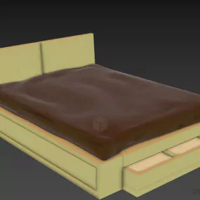 Wood Double Bed Mattress With Under Drawers 3d model