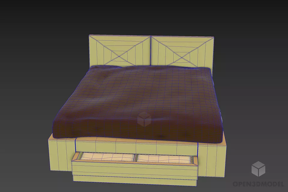 Wood Double Bed Mattress With Under Drawers 3d model 3
