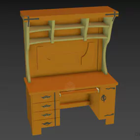 Antique Work Desk Rack With Upper Bookshelf 3d model