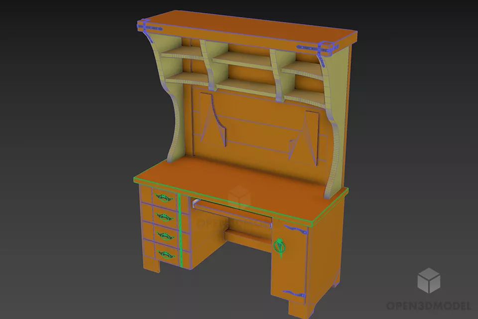 Antique Work Desk Rack With Upper Bookshelf 3d model 3