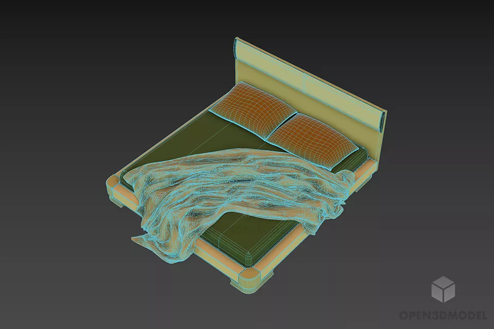 Hotel Double Bed With Wrinkled Blanket 3d model 2