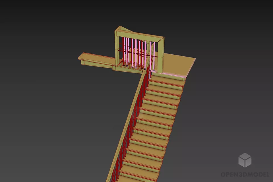 U Staircase With Handrail 3d model 2