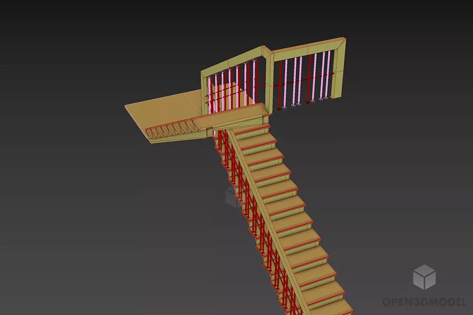 U Staircase With Handrail 3d model 3