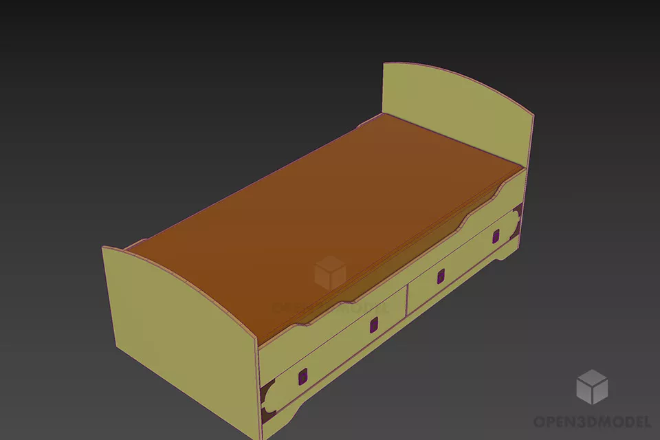 Wooden Single Bed With Under Drawers 3d model 2
