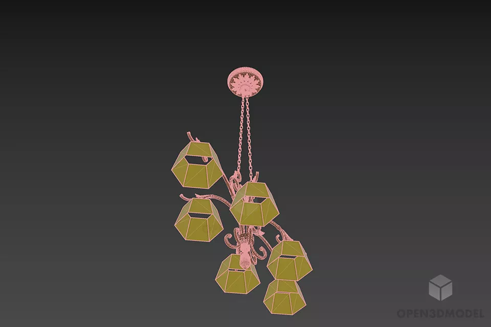 Antique Brass Pendant Lamp With Six Shades 3d model 2