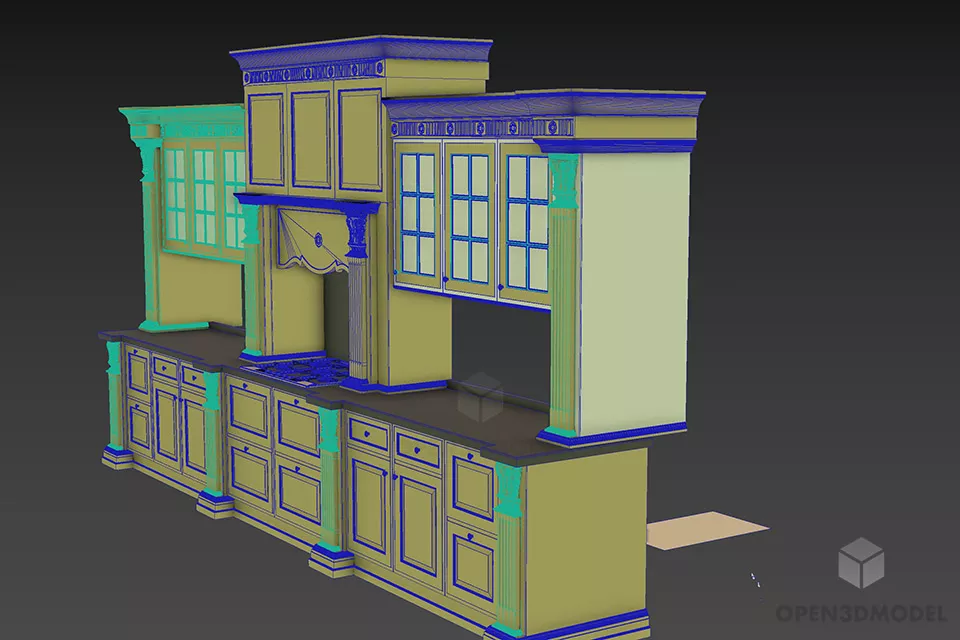 Retro Antique Kitchen Wooden Finished 3d model 2