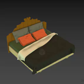 Double Bed With Carved Head Panel 3d model