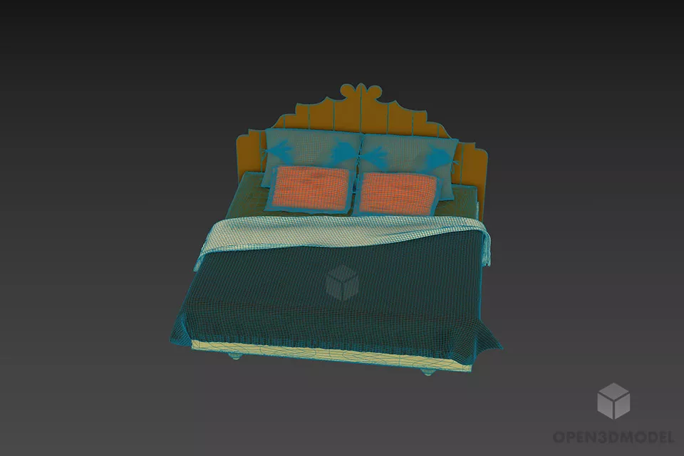 Double Bed With Carved Head Panel 3d model 3
