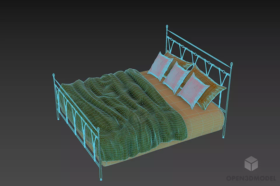 Steel Bed With Mattress And Pillows 3d model 2