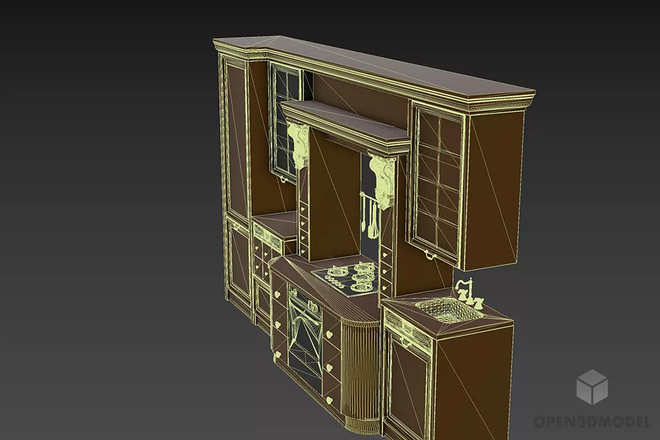 Retro Kitchen Ash Wooden Cabinet 3d model 2
