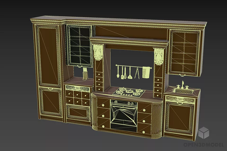 Retro Kitchen Ash Wooden Cabinet 3d model 3