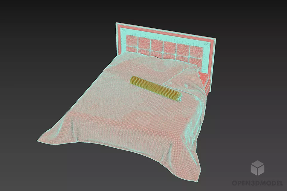 Double Bed With White Mattress With Cylinder Pillow 3d model 3