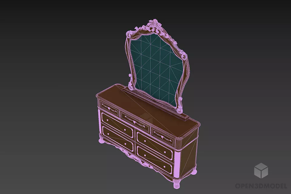 Bedroom Dressing Table With Classic Mirror 3d model 2