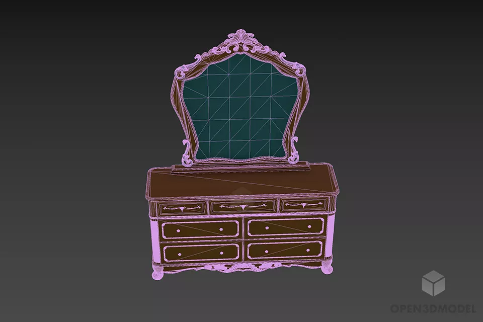 Bedroom Dressing Table With Classic Mirror 3d model 3