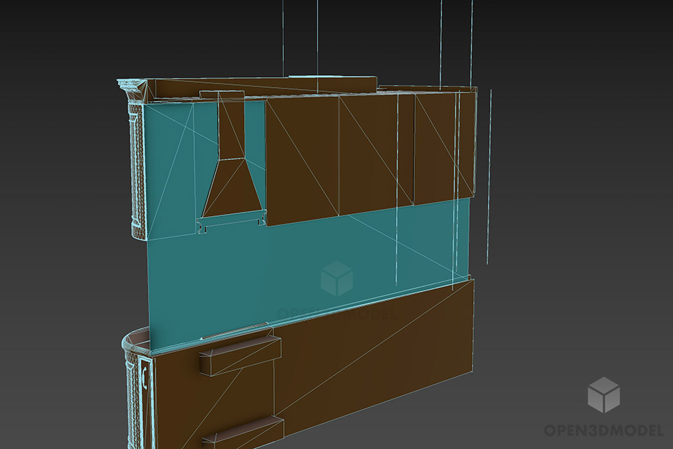Wooden Counter Top Corner Kitchen Open One Side 3d model 2