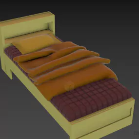 Modern Single Bed Wooden Frame With Mattress 3d model